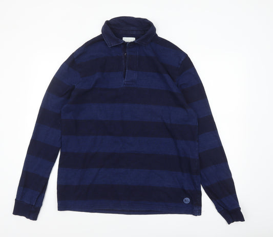 Marks and Spencer Mens Blue Striped Long Sleeve Cotton Polo L