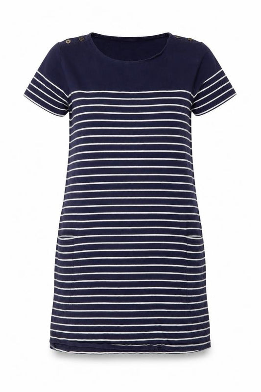 Front view of JoJo Maman Bébé Women Blue Striped T-Shirt Dress L Casual