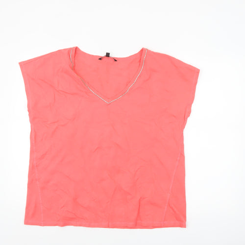 Bonmarché Women Pink Size 18 Cotton Linen Beaded V-Neck T-Shirt