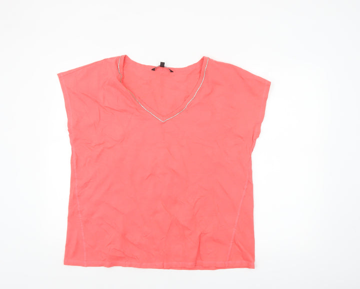 Bonmarché Women Pink Size 18 Cotton Linen Beaded V-Neck T-Shirt