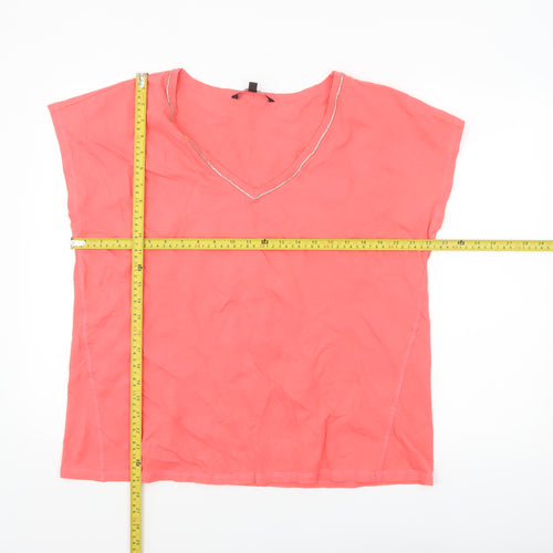 Bonmarché Women Pink Size 18 Cotton Linen Beaded V-Neck T-Shirt