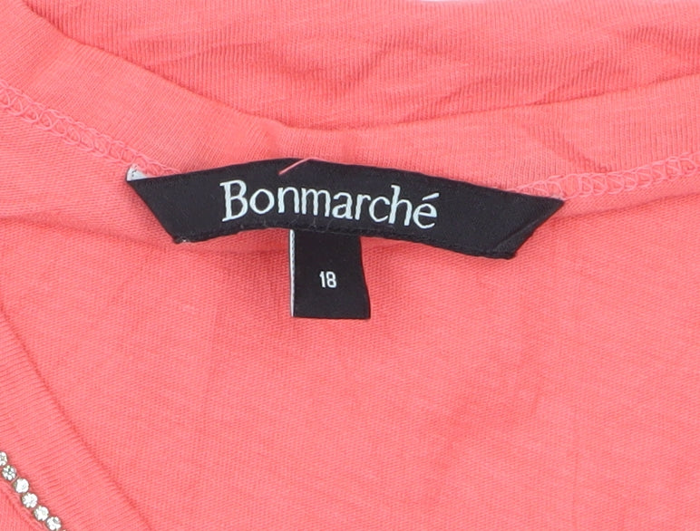 Bonmarché Women Pink Size 18 Cotton Linen Beaded V-Neck T-Shirt