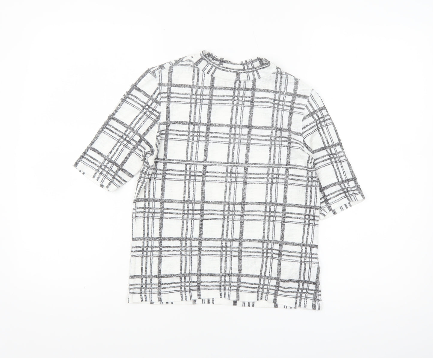Topshop Women’s White Check Short Sleeve High Neck T-Shirt Size 10