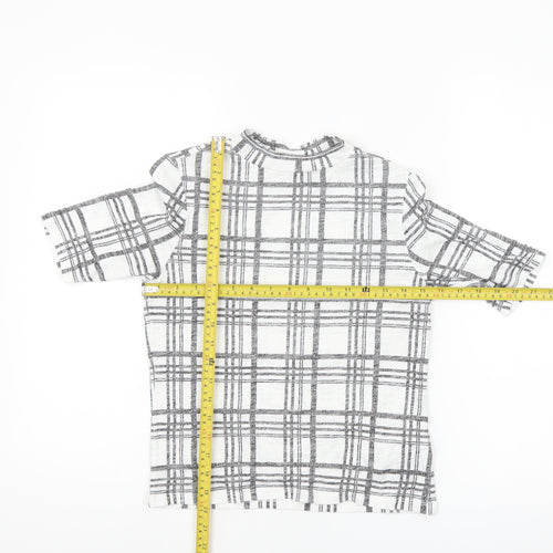 Topshop Women’s White Check Short Sleeve High Neck T-Shirt Size 10