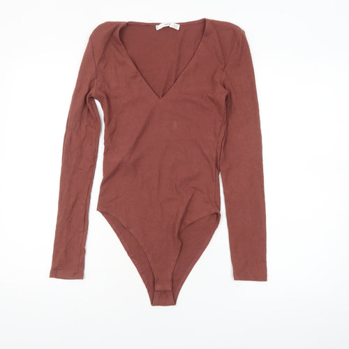 MNG Women Brown Ribbed Long Sleeve V-Neck Bodysuit Size S
