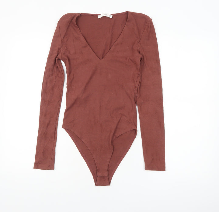 MNG Women Brown Ribbed Long Sleeve V-Neck Bodysuit Size S