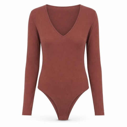 MNG Women Brown Ribbed Long Sleeve V-Neck Bodysuit Size S