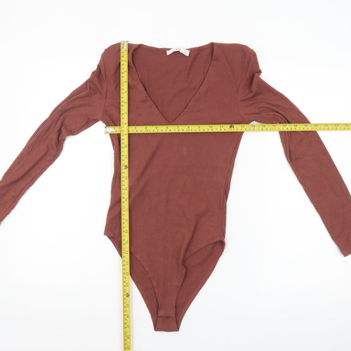 MNG Women Brown Ribbed Long Sleeve V-Neck Bodysuit Size S