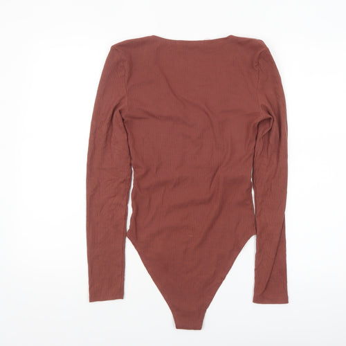 MNG Women Brown Ribbed Long Sleeve V-Neck Bodysuit Size S