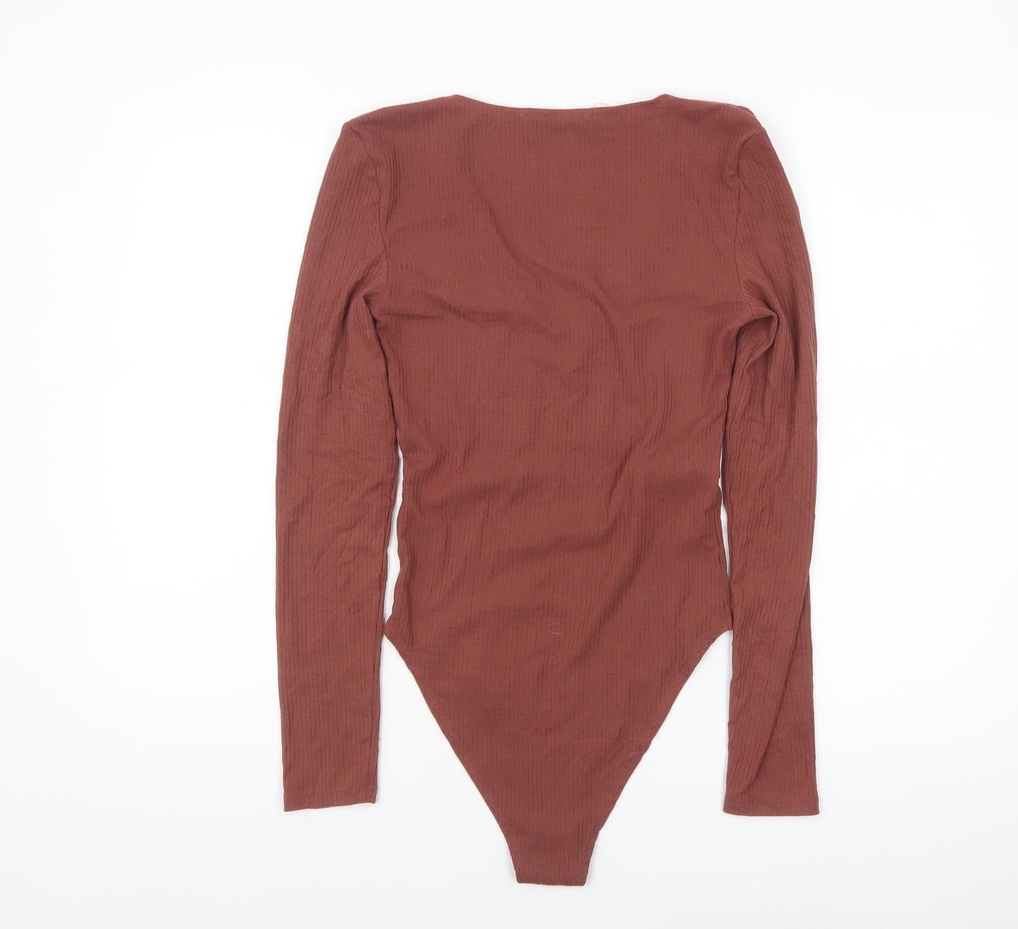 MNG Women Brown Ribbed Long Sleeve V-Neck Bodysuit Size S