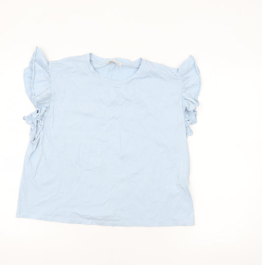 Zara Women Blue Ruffle Sleeve Cotton T-Shirt Size L