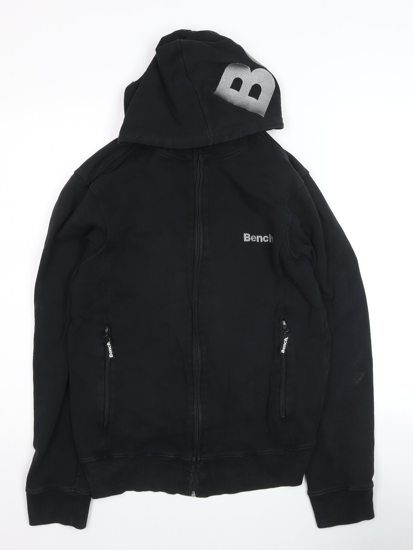 Bench Men Black Full Zip Cotton Hoodie M Logo Hooded Sweatshirt