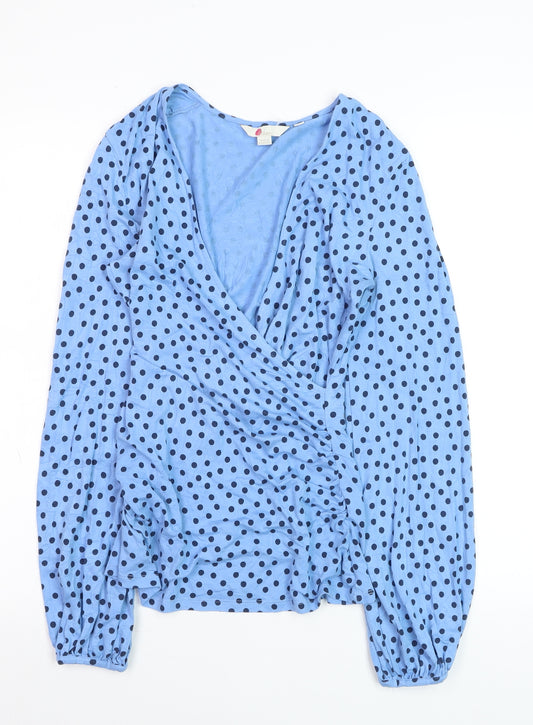 Boden Women Blue Polka Dot Wrap V-Neck Blouse Size 10