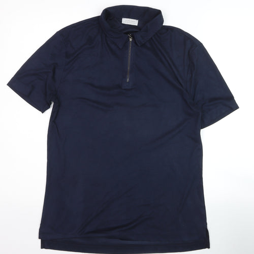 Zara Man Blue Cotton Short Sleeve Zip Collar Polo Shirt Size M