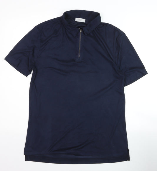 Zara Man Blue Cotton Short Sleeve Zip Collar Polo Shirt Size M