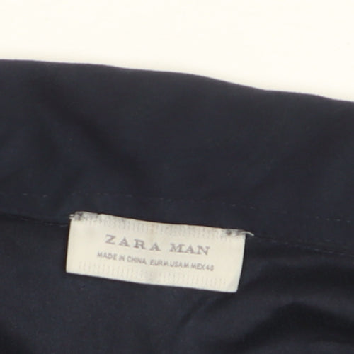 Zara Man Blue Cotton Short Sleeve Zip Collar Polo Shirt Size M