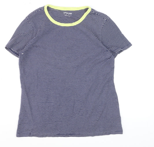 Lands' End Men Blue Striped Cotton Crew Neck Short Sleeve T-Shirt S