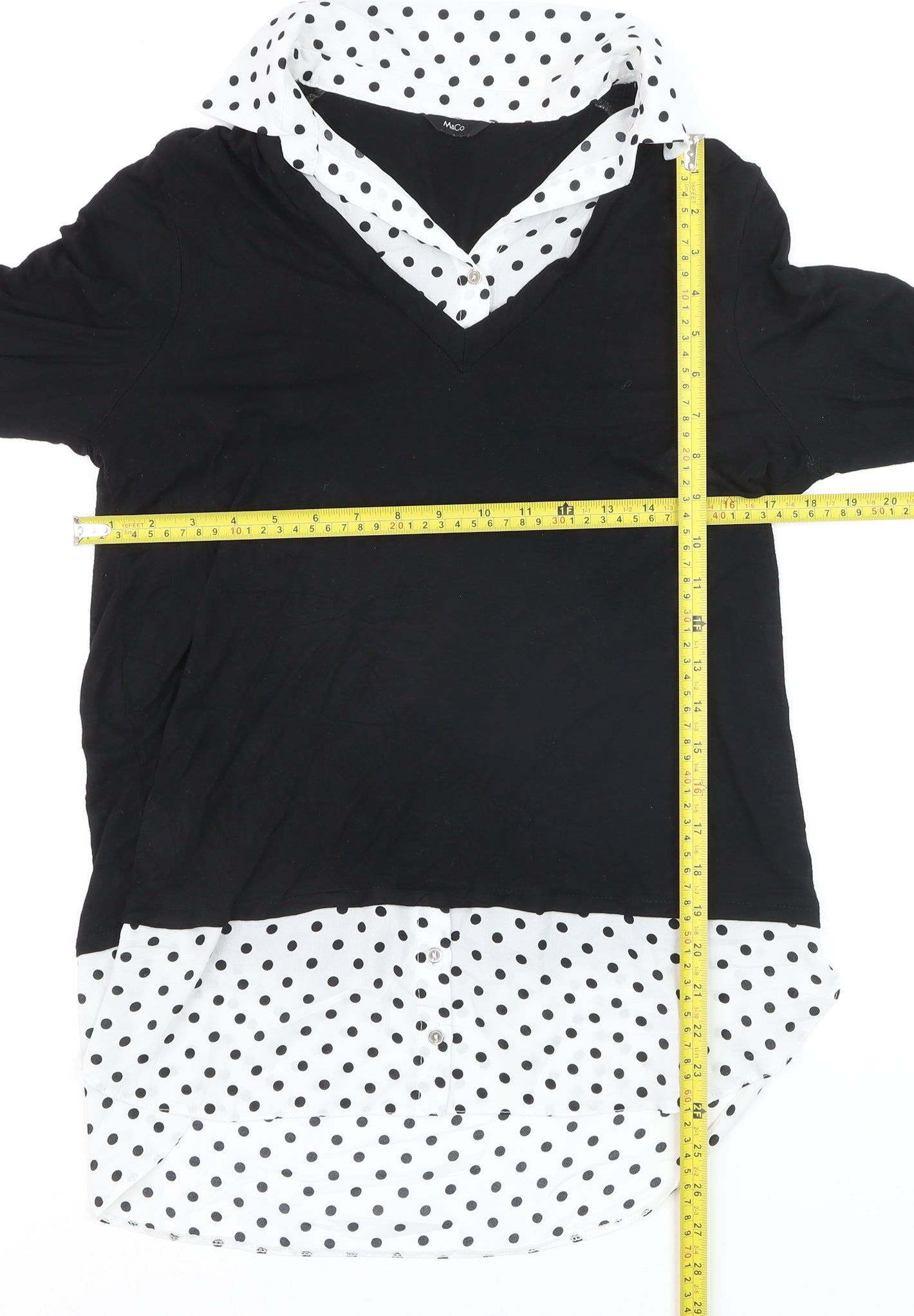 M&Co Women’s Black Polka Dot V-Neck Blouse Size 12 Classic Style