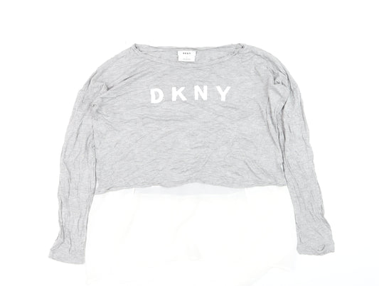 DKNY Womens Grey Cropped Long Sleeve Logo T-Shirt Size S