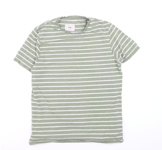 Folk Men's Green White Striped Cotton Crew Neck T-Shirt Size L