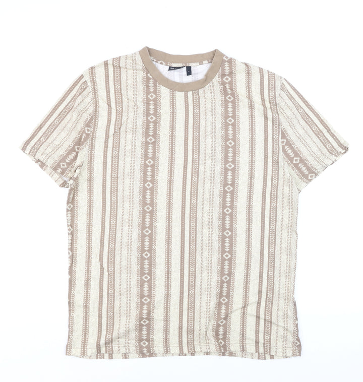 ASOS DESIGN Men's Beige Aztec Geometric Cotton Crew Neck T-Shirt Size S