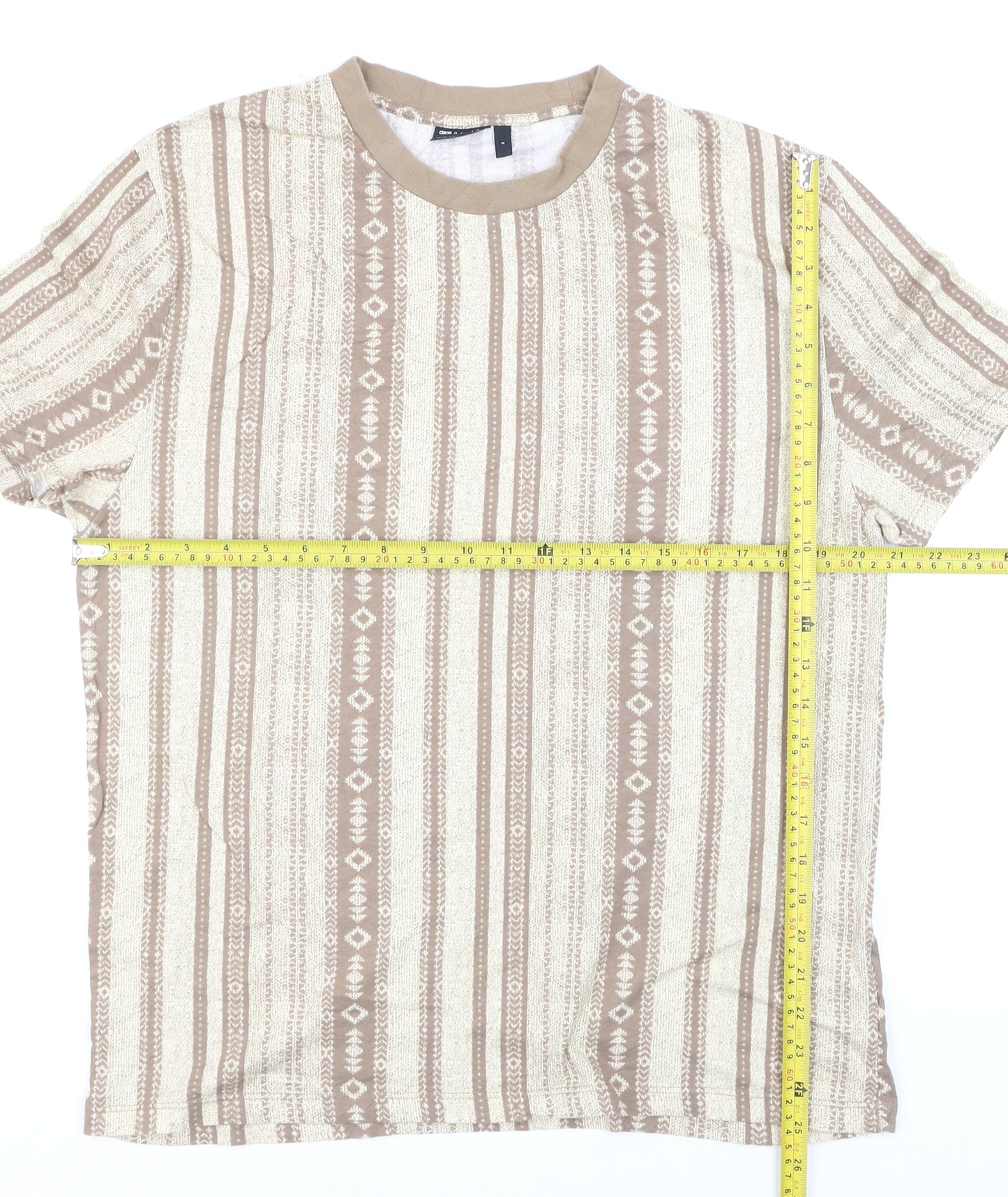 ASOS DESIGN Men's Beige Aztec Geometric Cotton Crew Neck T-Shirt Size S