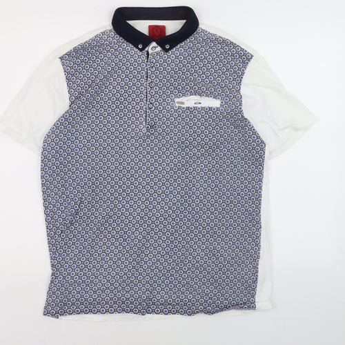 Swade Men's Blue Geometric Short Sleeve Cotton Polo 2XL