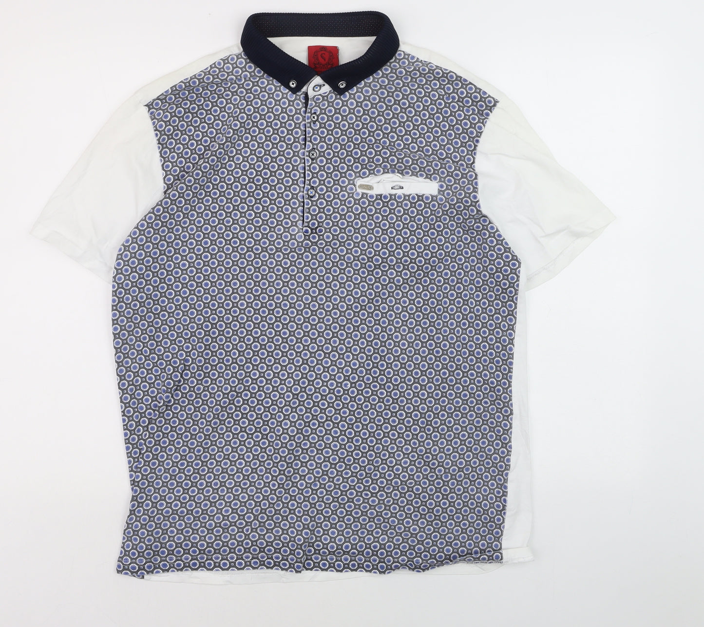 Swade Men's Blue Geometric Short Sleeve Cotton Polo 2XL