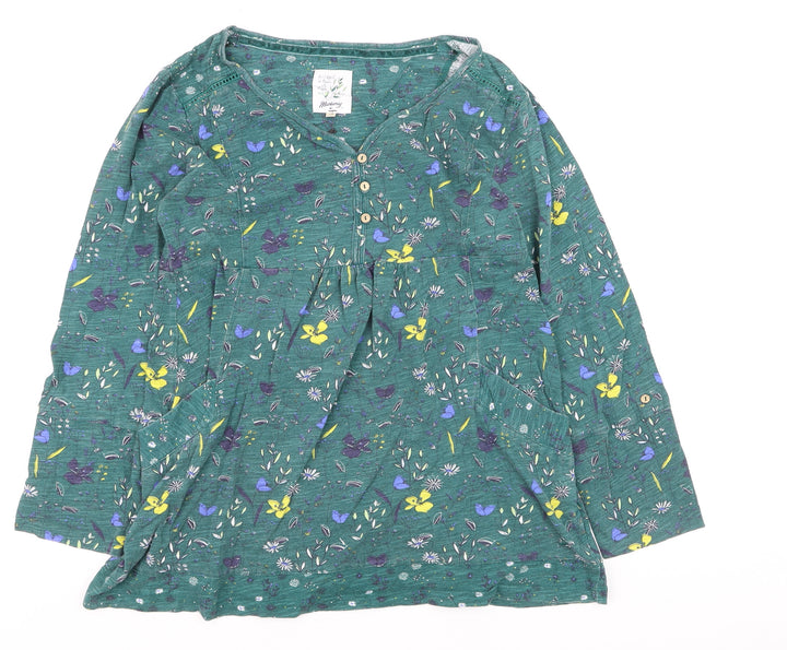 Mantaray Women’s Green Floral Cotton Tunic Blouse Size 10