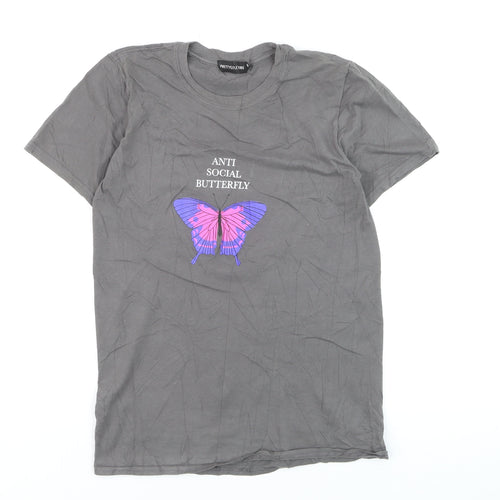 PrettyLittleThing Women's Grey 'Anti Social Butterfly' Cotton T-Shirt XS