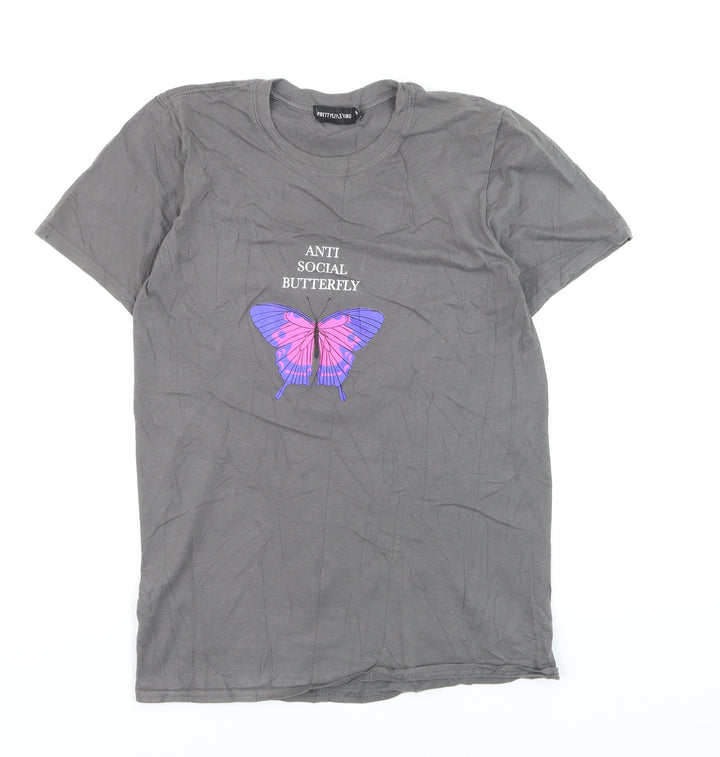 PrettyLittleThing Women's Grey 'Anti Social Butterfly' Cotton T-Shirt XS