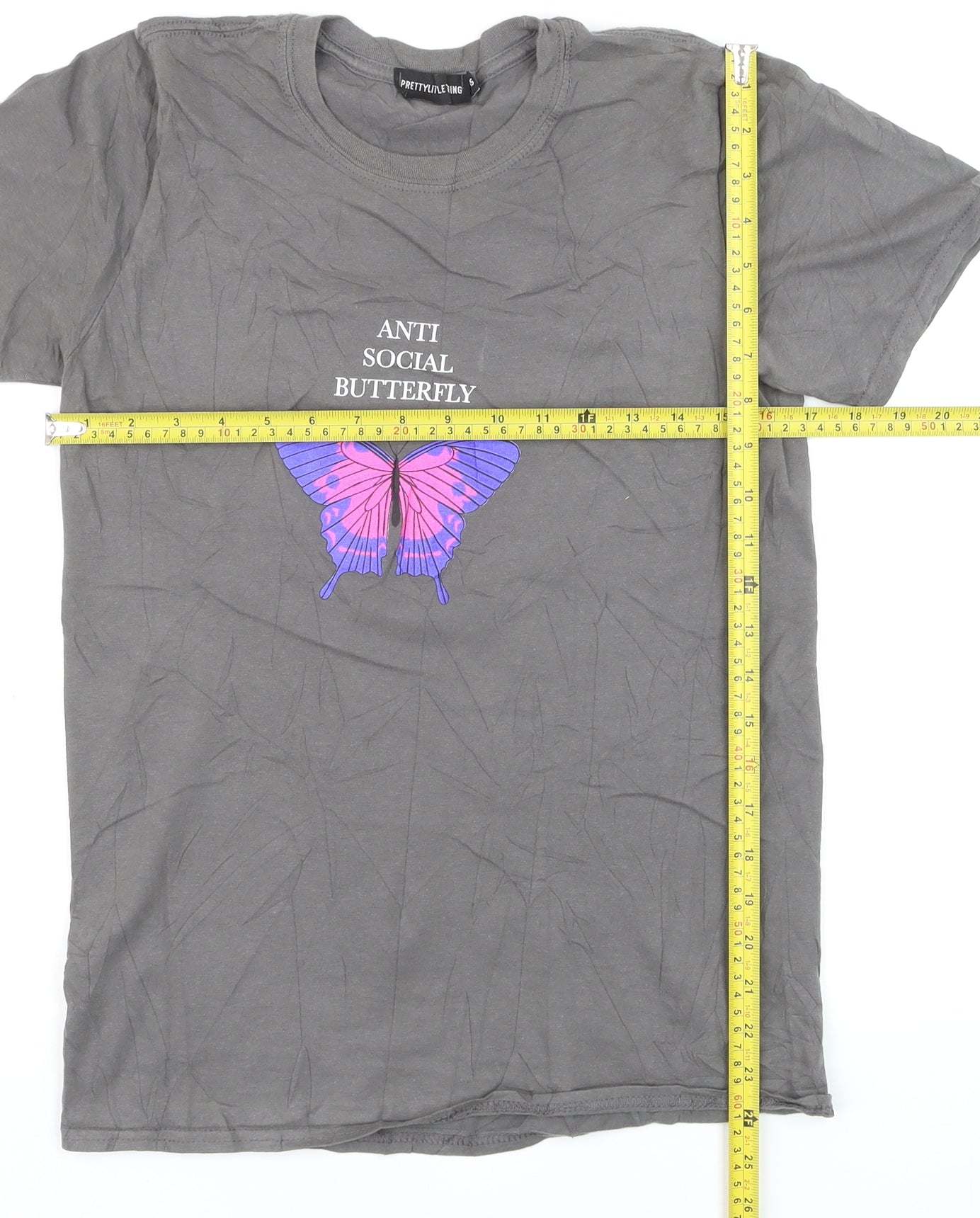 PrettyLittleThing Women's Grey 'Anti Social Butterfly' Cotton T-Shirt XS