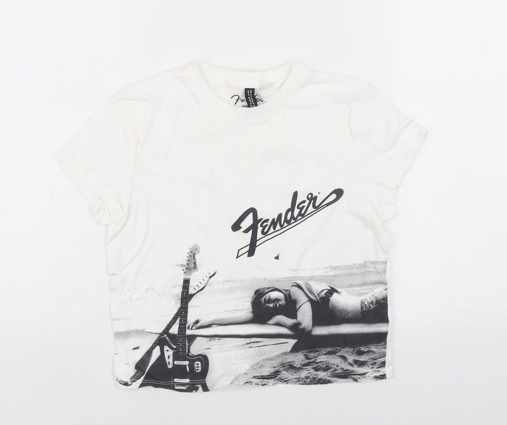 Fender Girls White Graphic Print Cotton T-Shirt Short Sleeve Size S