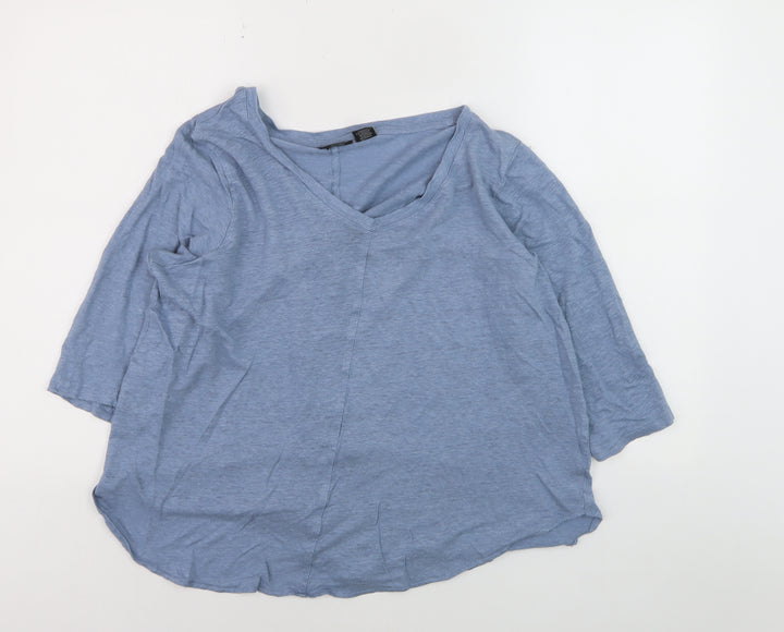 Tahari Women Blue Linen V-Neck 3/4 Sleeve Blouse UK 20