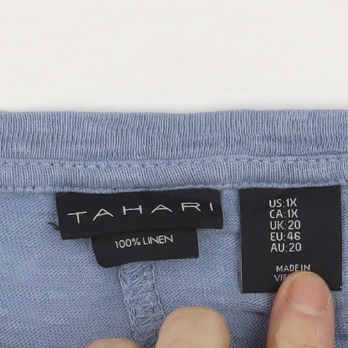 Tahari Women Blue Linen V-Neck 3/4 Sleeve Blouse UK 20
