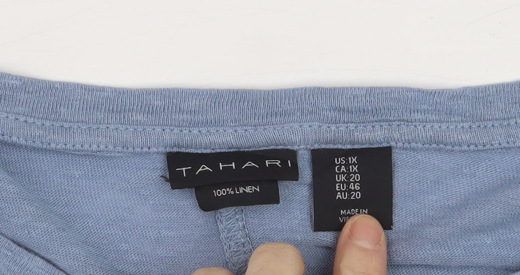 Tahari Women Blue Linen V-Neck 3/4 Sleeve Blouse UK 20