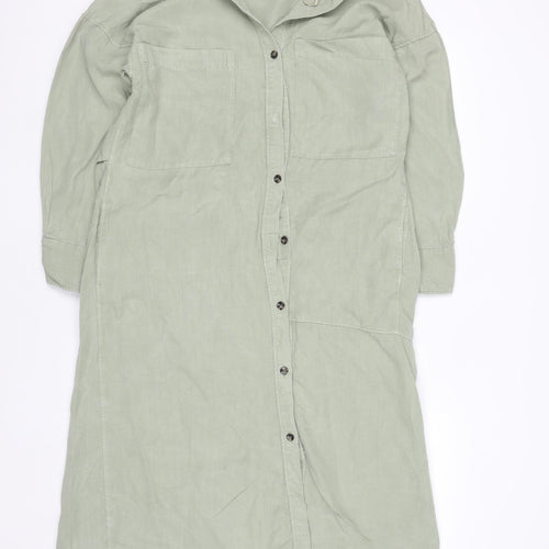 Zara Women Green Linen Shirt Dress Size 16 Long Sleeve Midi