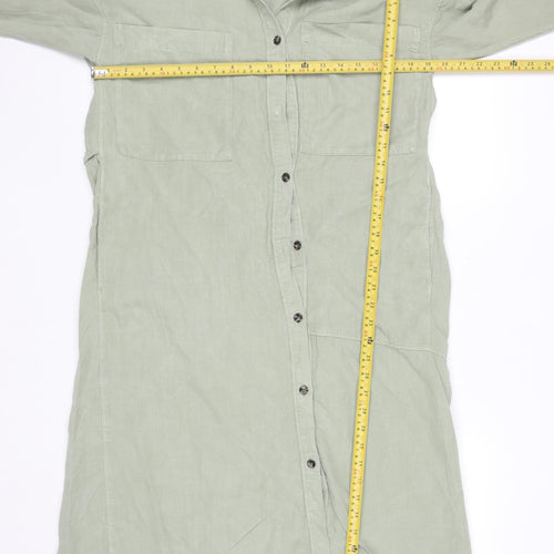Zara Women Green Linen Shirt Dress Size 16 Long Sleeve Midi
