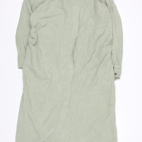 Zara Women Green Linen Shirt Dress Size 16 Long Sleeve Midi