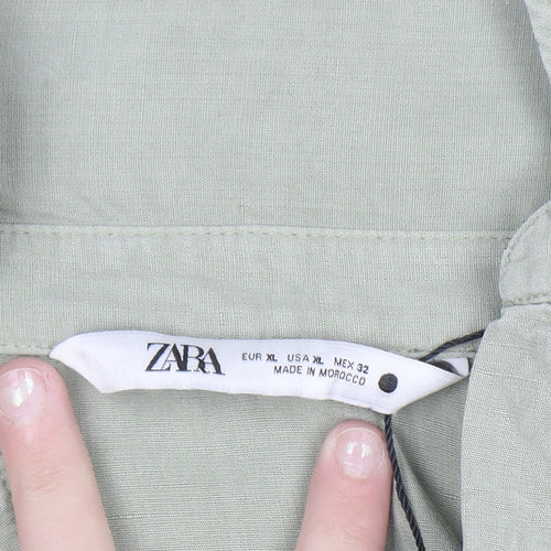 Zara Women Green Linen Shirt Dress Size 16 Long Sleeve Midi