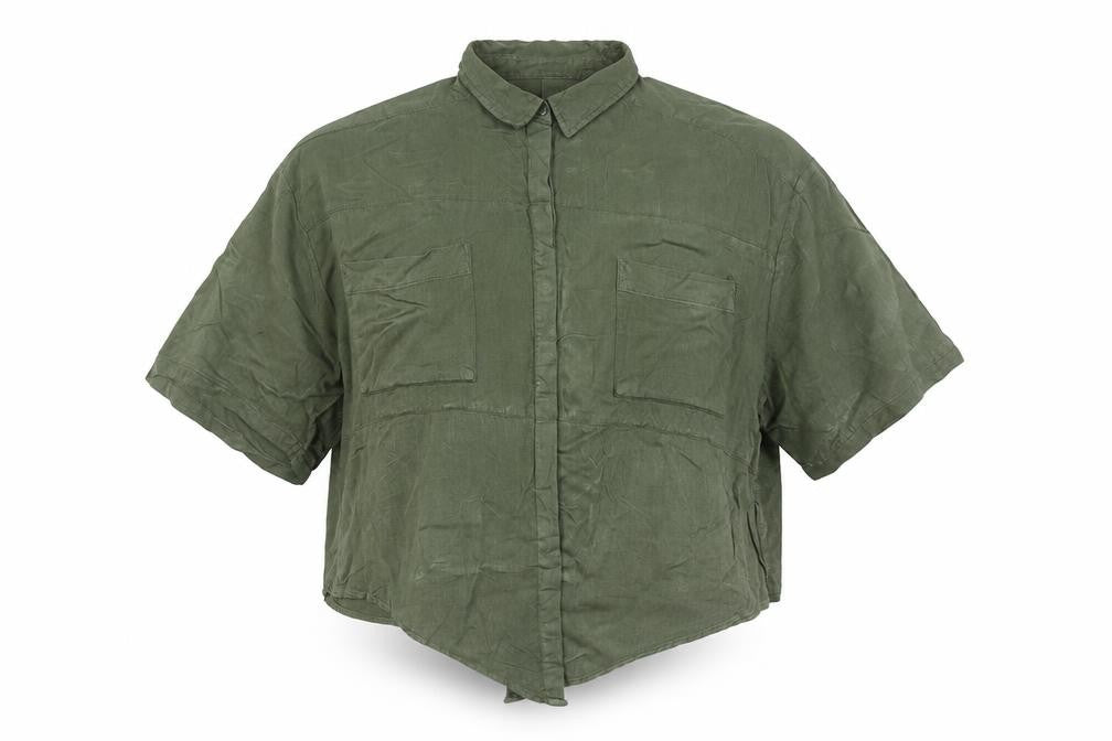Front view of ASOS Women Green, size 10, Relaxed Collared Button-Up Shirt