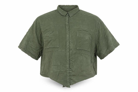 Front view of ASOS Women Green, size 10, Relaxed Collared Button-Up Shirt