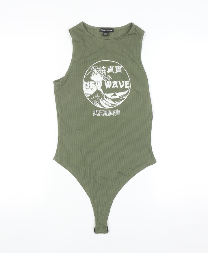 PrettyLittleThing Women’s Green Ribbed New Wave Tank Bodysuit Size 10