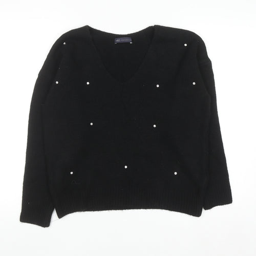 Marks and Spencer Women's Black Beaded V-Neck Jumper Size 10