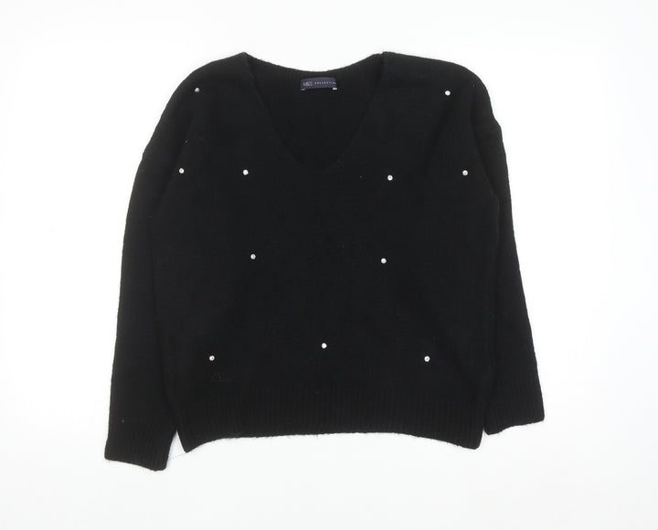 Marks and Spencer Women's Black Beaded V-Neck Jumper Size 10