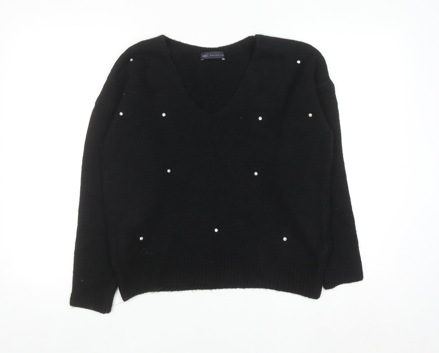 Marks and Spencer Women's Black Beaded V-Neck Jumper Size 10