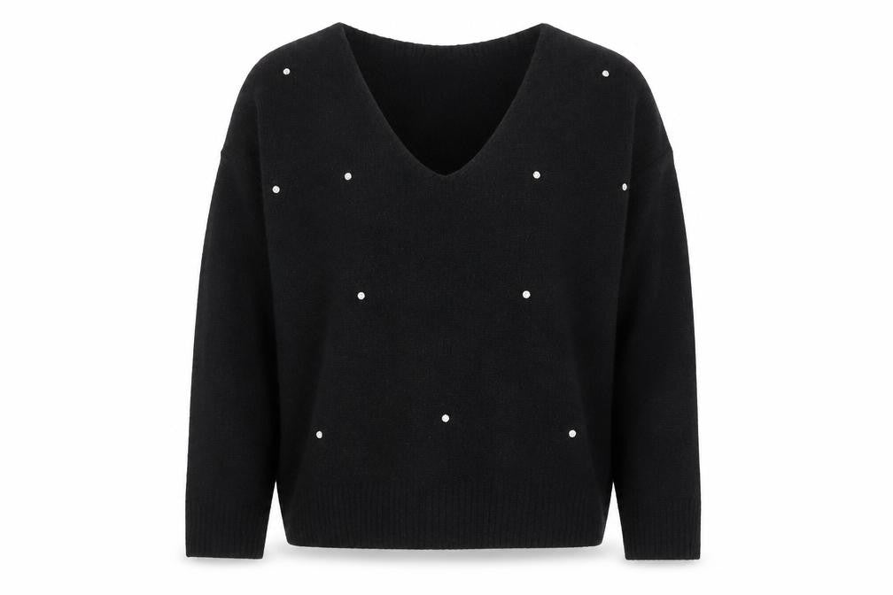 Front view of Marks & Spencer Women's Black Beaded V-Neck Jumper, size 10