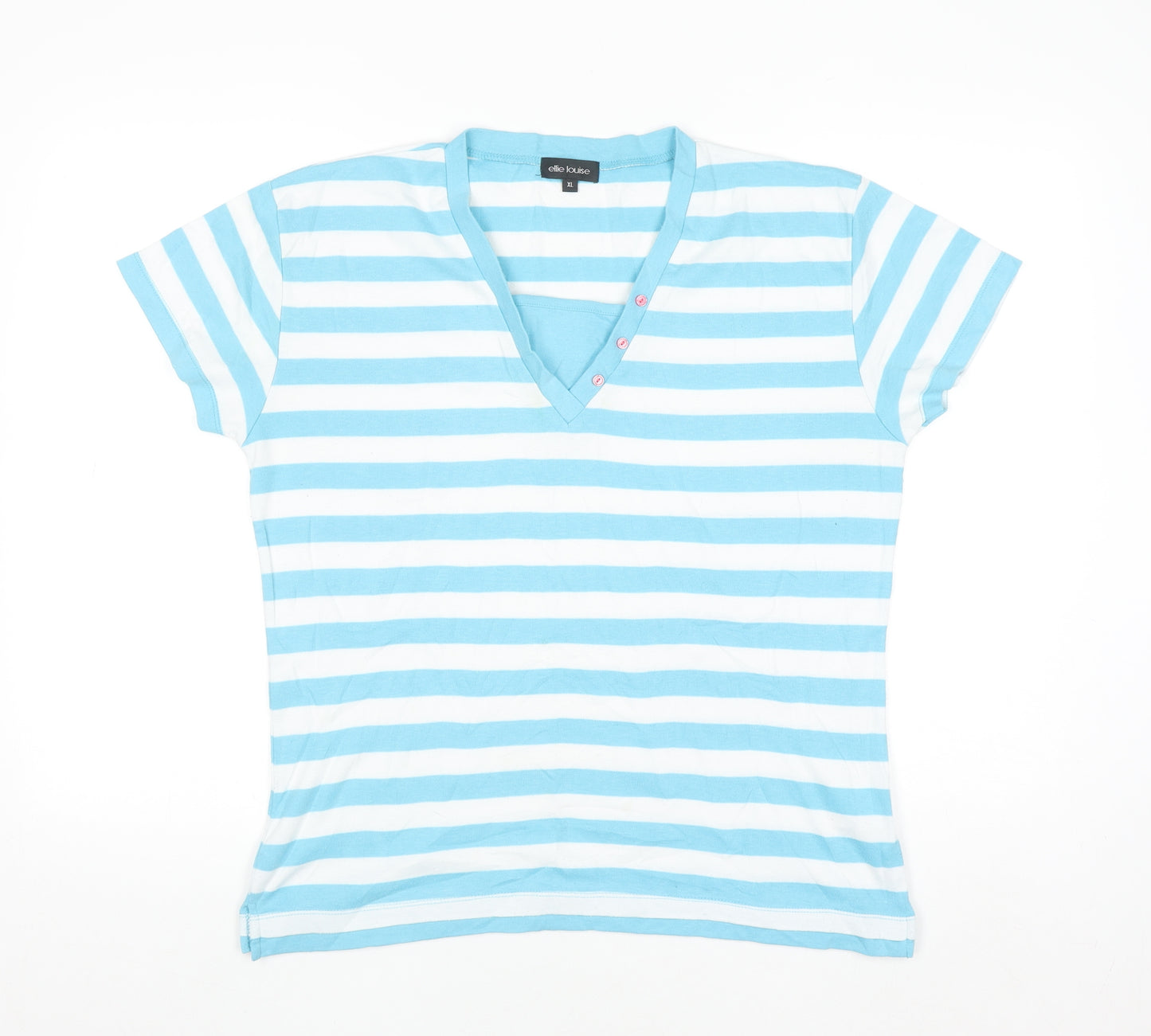 Ellie Louise Women Blue White Striped V-Neck Short Sleeve T-Shirt XL