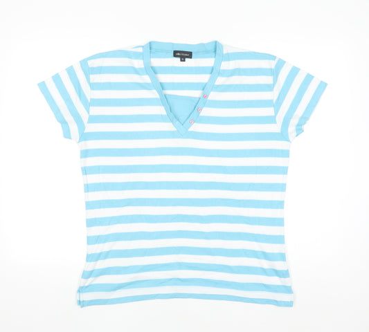 Ellie Louise Women Blue White Striped V-Neck Short Sleeve T-Shirt XL