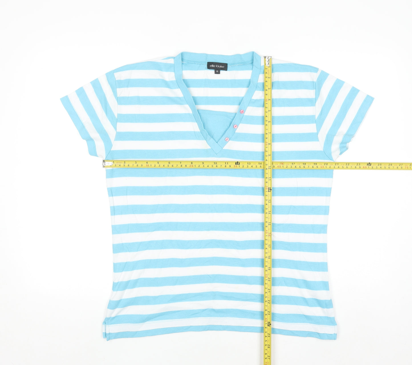 Ellie Louise Women Blue White Striped V-Neck Short Sleeve T-Shirt XL